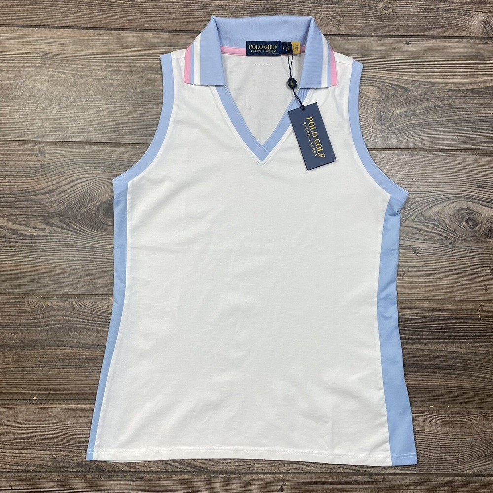 Polo Ralph Lauren Polo Golf Womens Cricket Collar Polo White Pink Blue SMALL NWT